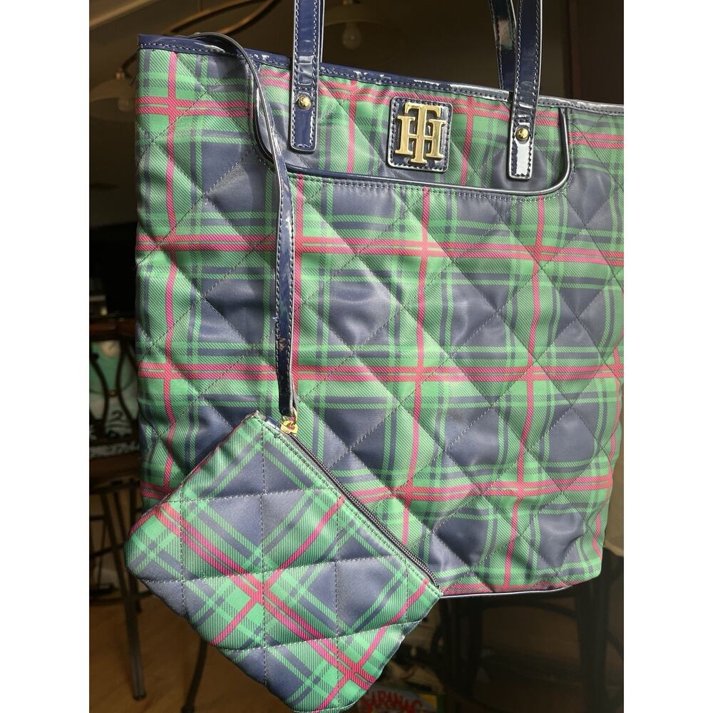 Tommy Hilfiger Tote Plaid Nylon Quilted Handbag Green Blue Purse Small Pouch
